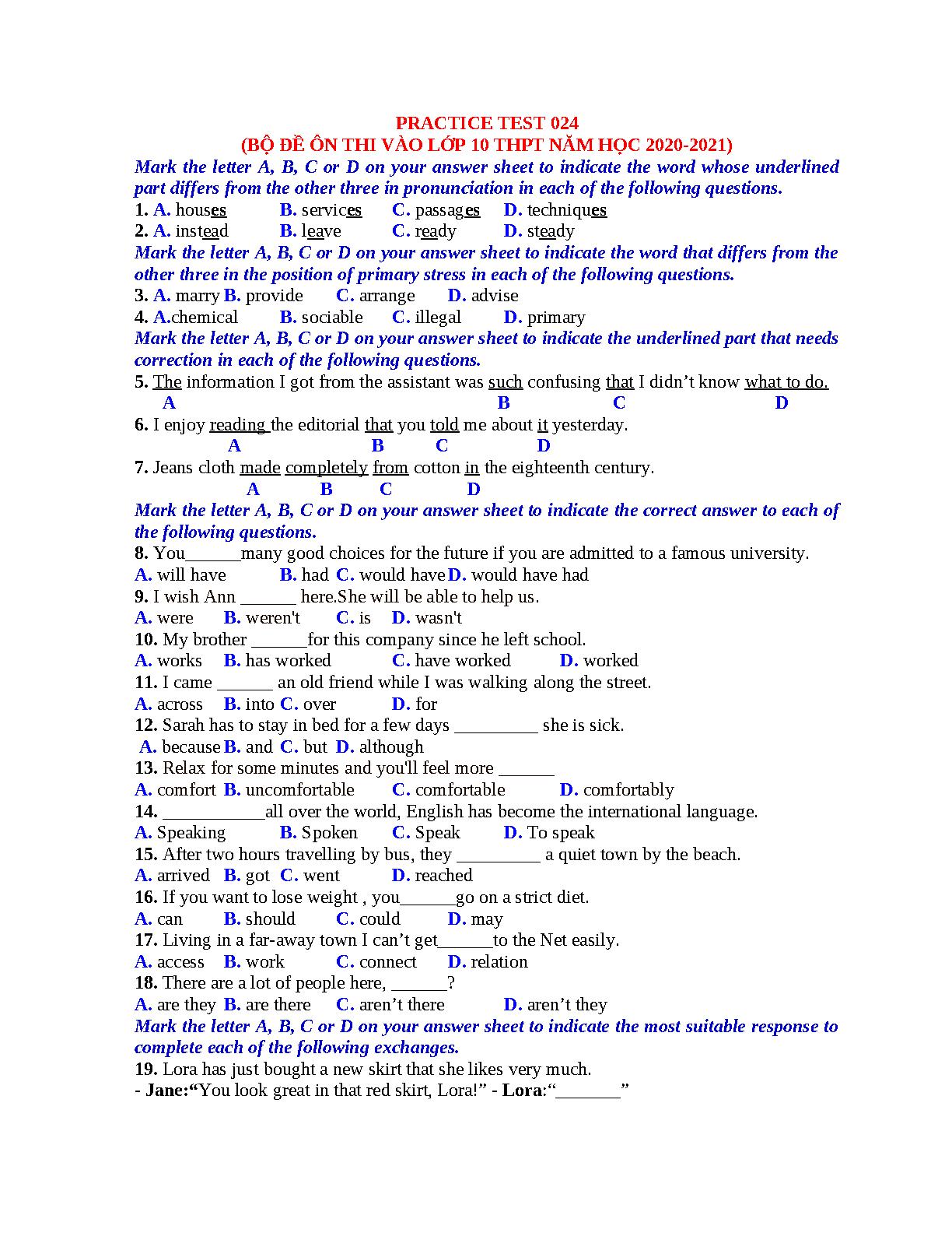 BỘ ĐỀ ÔN THI VÀO LỚP 10 MÔN TIẾNG ANH THPT NĂM HỌC 2020-2021 - PRACTICE TEST 024 BẢN WORD
