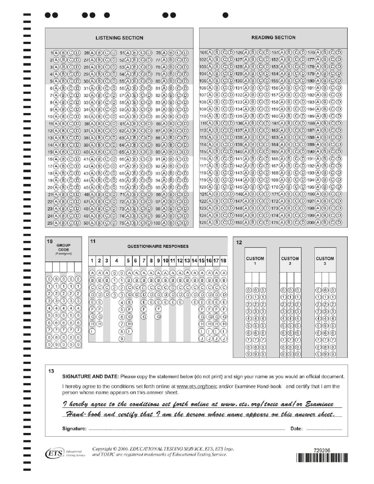 Mẫu phiếu trả lời Answer Sheet Toeic 2021