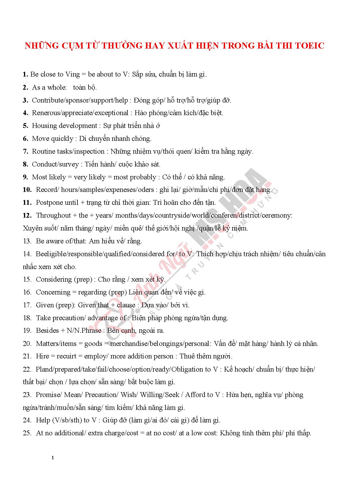 Tổng hợp những cụm từ thường xuyên xuất hiện trong bài thi TOEIC